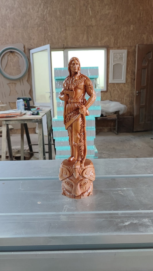 Native American Hunter wood-carved statue: unique wood carved gift and home decor