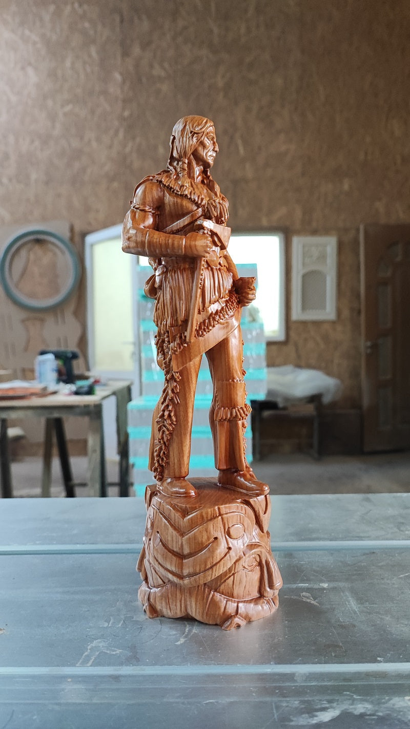 Native American Hunter wood-carved statue: unique wood carved gift and home decor