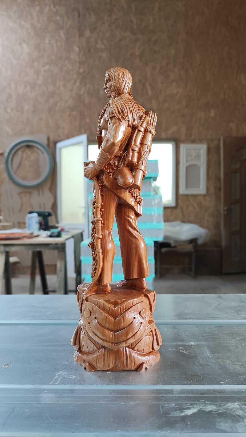 Native American Hunter wood-carved statue: unique wood carved gift and home decor