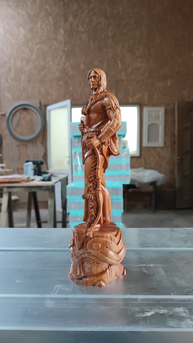 Native American Hunter wood-carved statue: unique wood carved gift and home decor