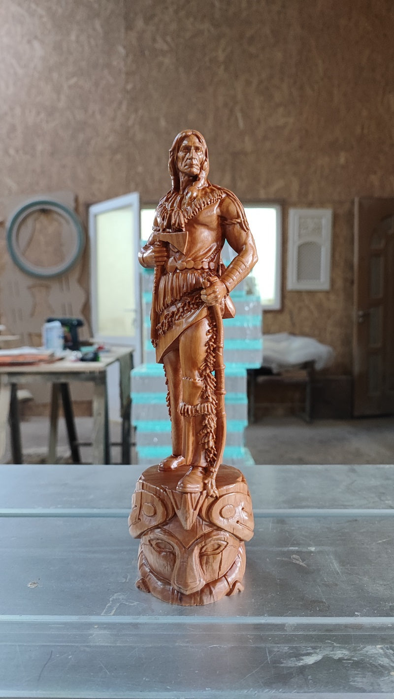 Native American Hunter wood-carved statue: unique wood carved gift and home decor