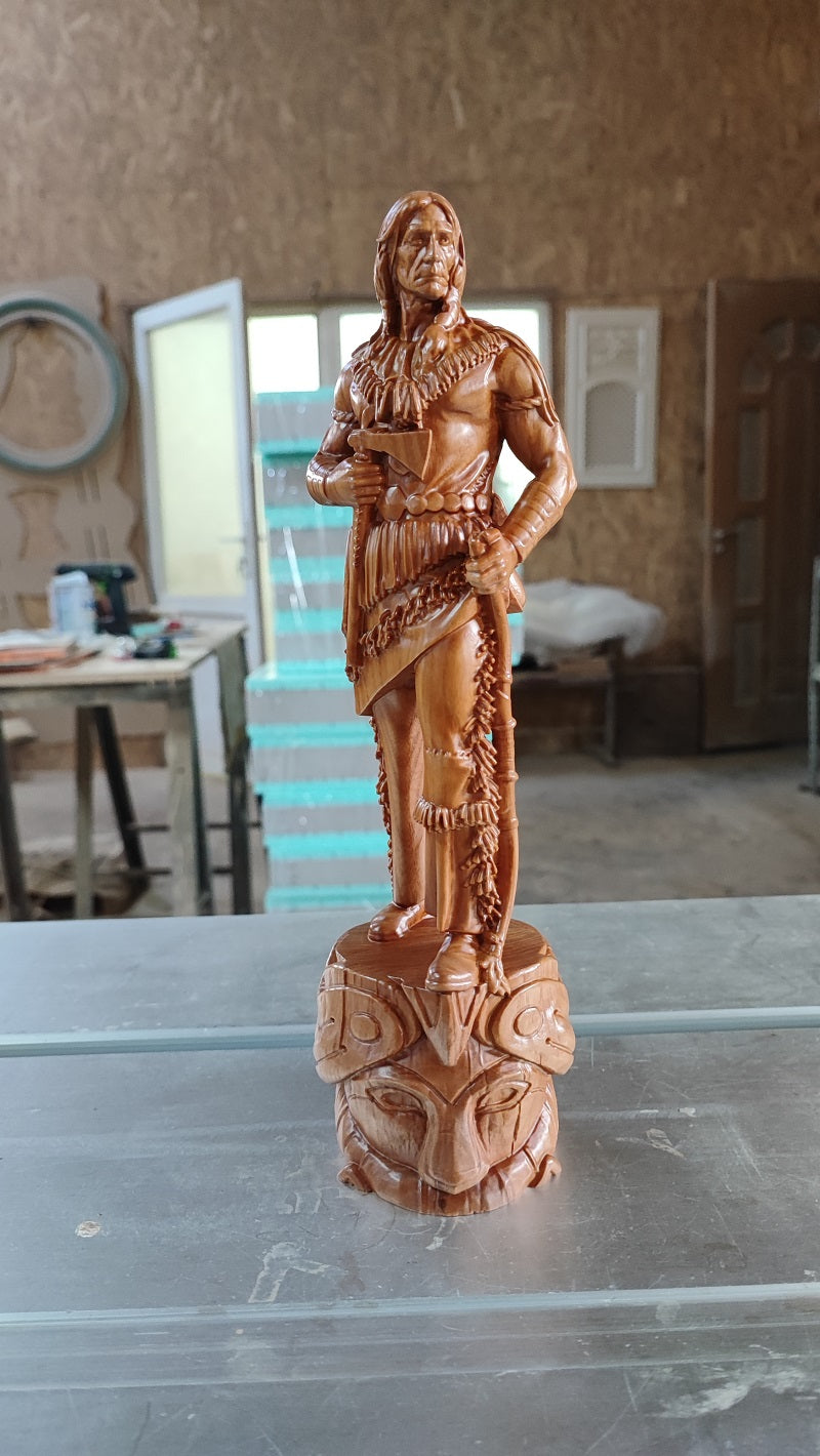 Native American Hunter wood-carved statue: unique wood carved gift and home decor