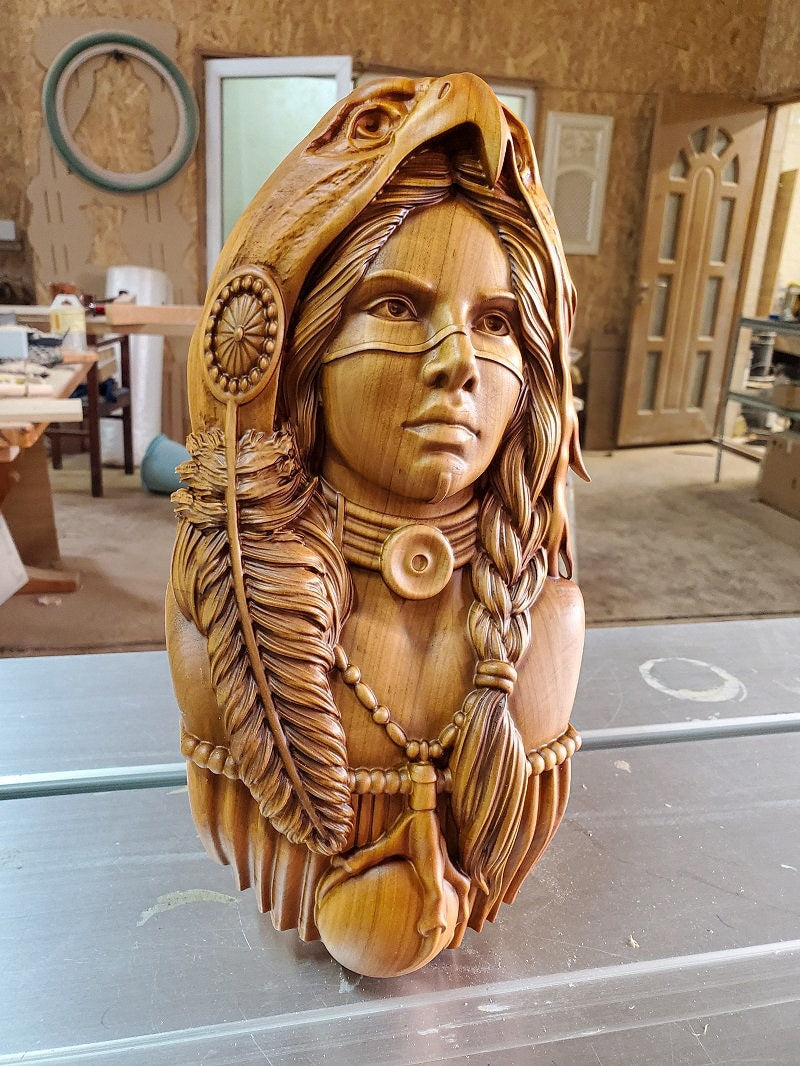 Native American Girl Wood Sculpture