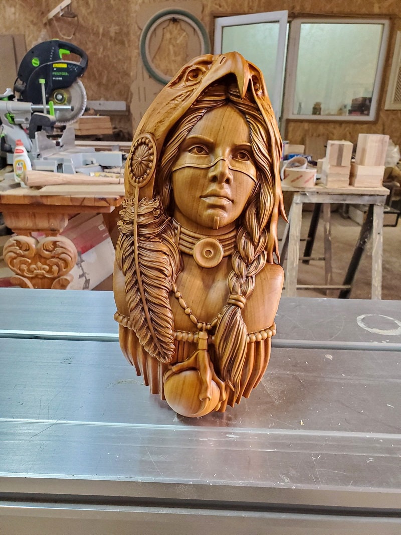 Native American Girl Wood Sculpture