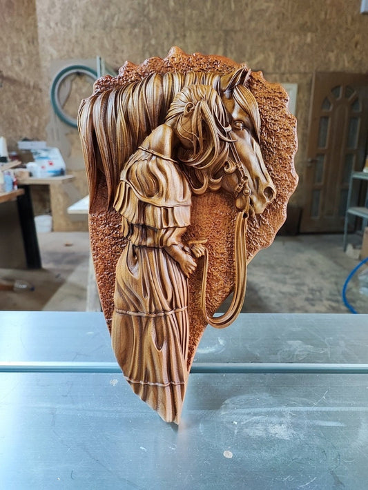 Woman with Horse Wood Sculpture